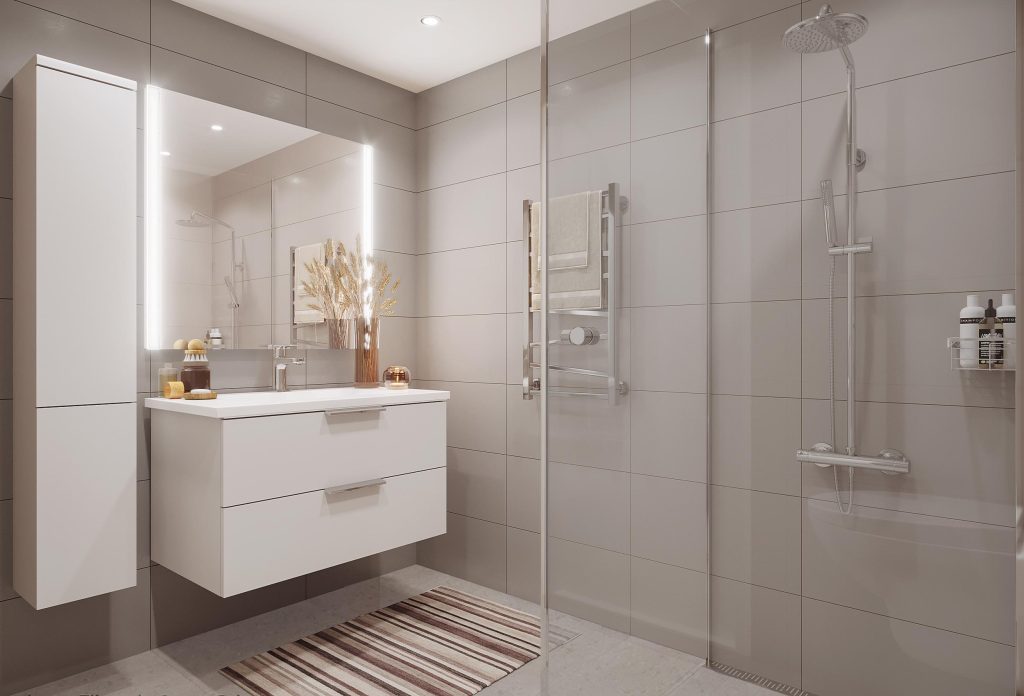 Illustrasjon av badet i byggetrinn 2, med vegghengt servantskap med skuffer og dusjhjørne med glassvegger.